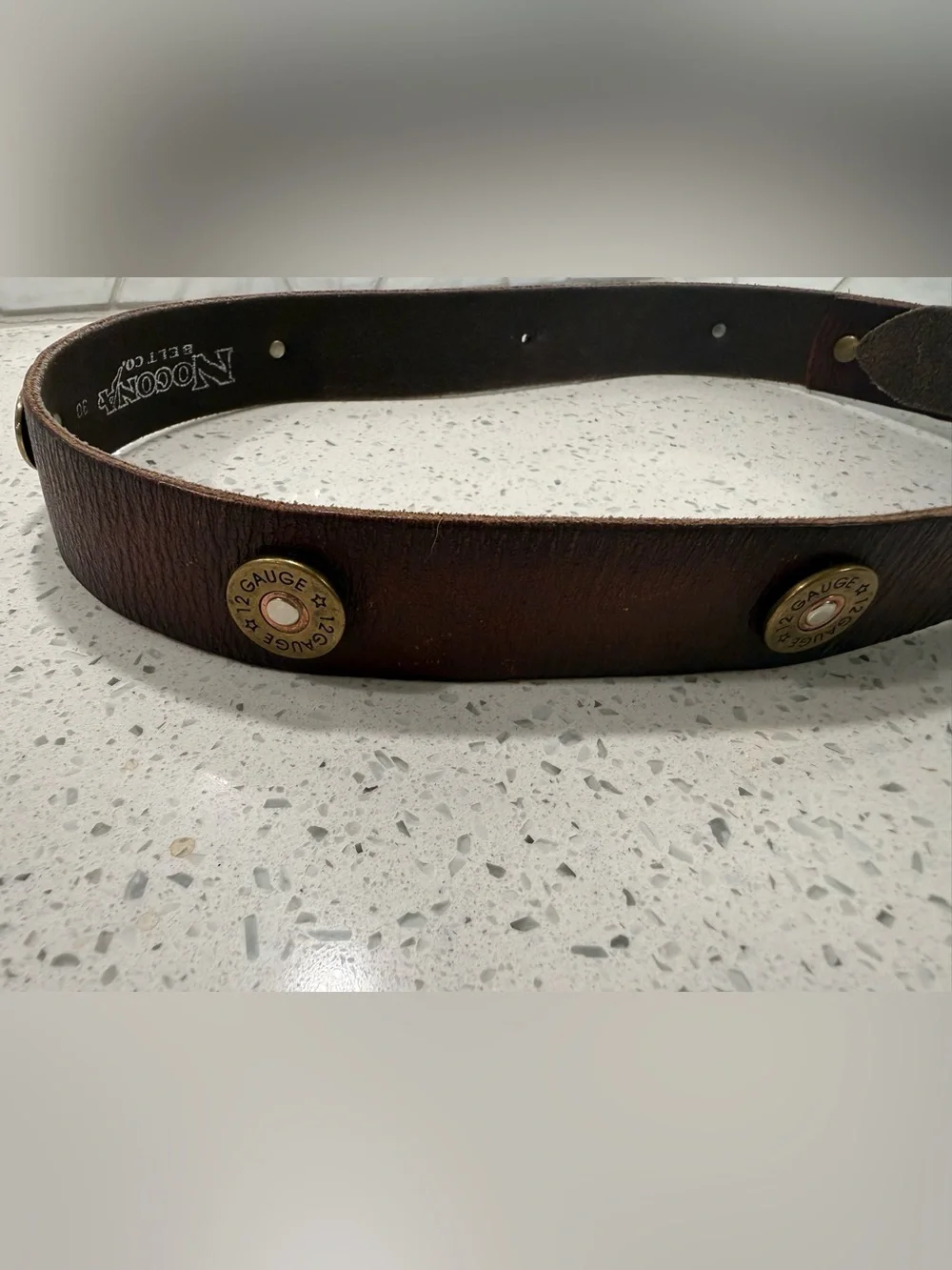 Vintage 1994 Nocona Brown Leather Belt 3D Eagle NRA Flag & Rifle Buckle 12 Gauge